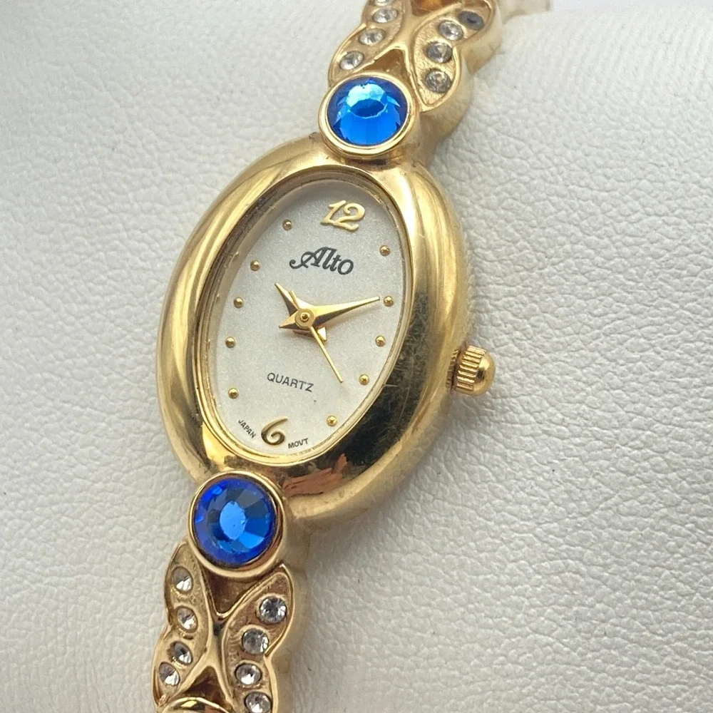 Alto Women's Watch 19mm Gold Tone Blue Crystals Cuff Oval New Battery 6.25